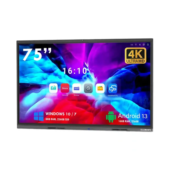 75" 4K UHD Interactive LED Flat Panel Smart Display, Android, Windows, KB Elements
