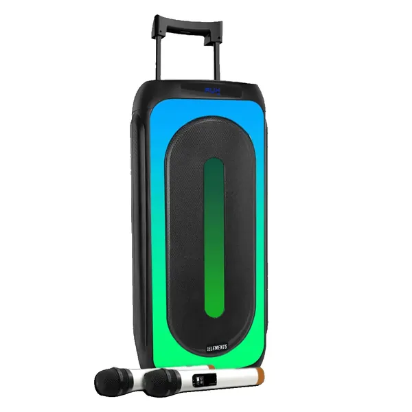 Portable karaoke trolley speaker with dual 10" subwoofers, wireless mics