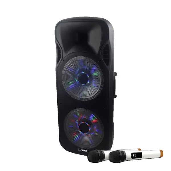 Karaoke trolley speaker with dual 15" subwoofers, wireless mics, Bluetooth