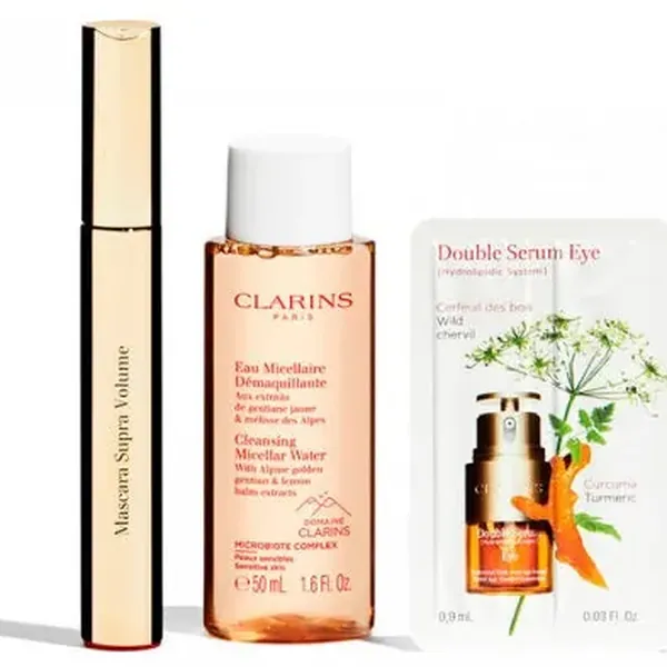 Supra Volume Mascara Set with Makeup Remover and Eye Serum, clarins