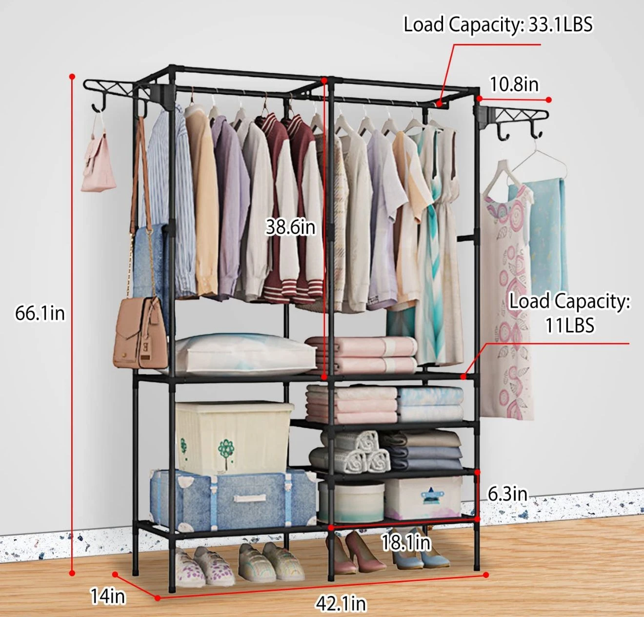 Multi-Function Clothes Organizer Rack with Hanging Rail & Shelves