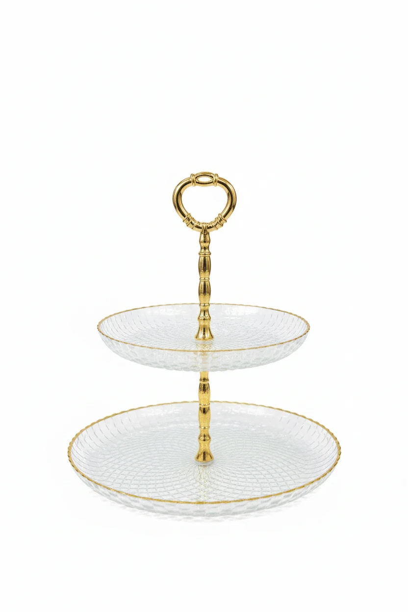 Elegant Two-Tier Glass Serving Stand with Gold Trim