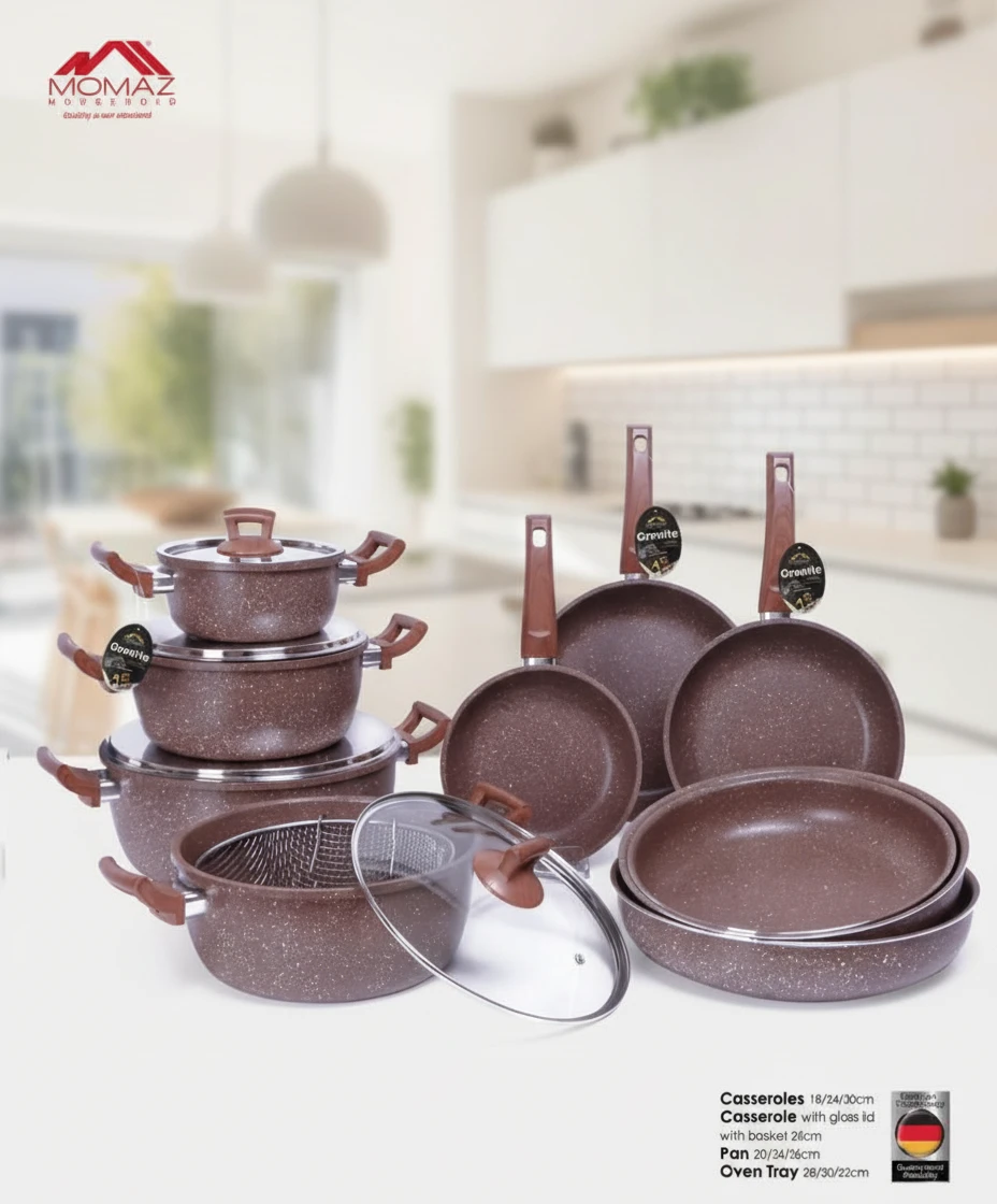Momaz Granite Cookware Set 15 Pieces Non-Stick Brown