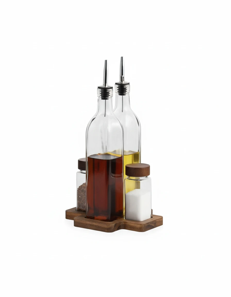Oil & Vinegar Bottle Set with Glass Jars and Wooden Stand , Momaz 4 Pieces