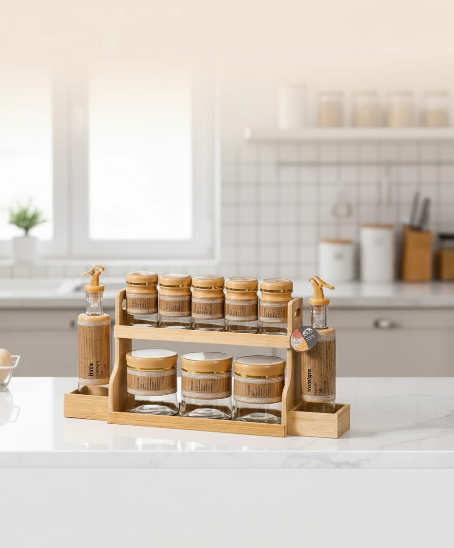 Glass Canister & Oil Bottle Organizer Set, 10 Pieces with Wooden Stand Momaz