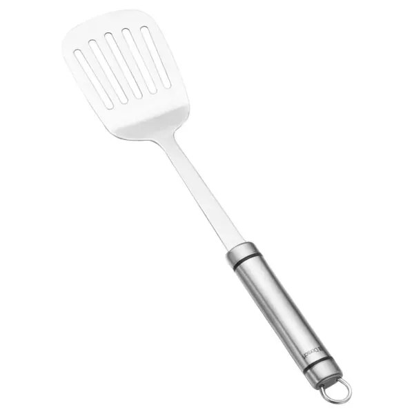 Slotted turner kitchen utensil, stainless steel, ergonomic handle
