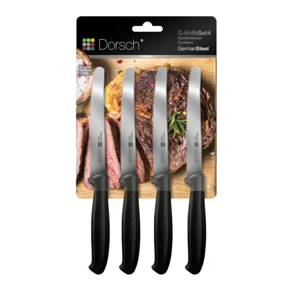 Steak Knives Set of 4, Black Handles, Premium Quality by Dorsch