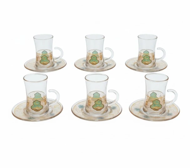 Set of 6 Glass Tea Cups with Saucers