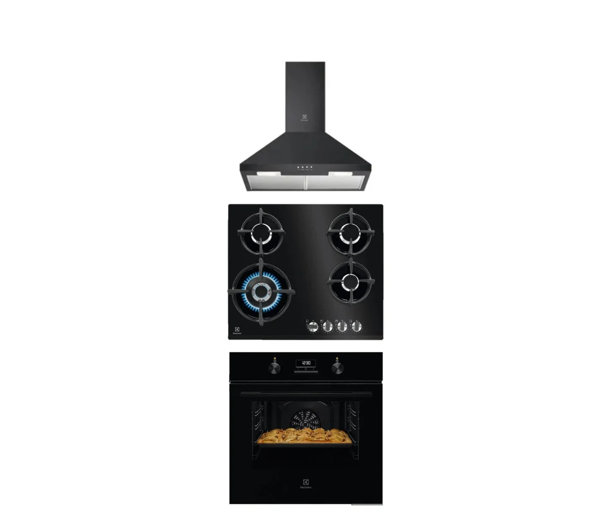 Electric Oven, 4-Burner Gas Hob, and 60cm Chimney Hood Set, black, Electrolux