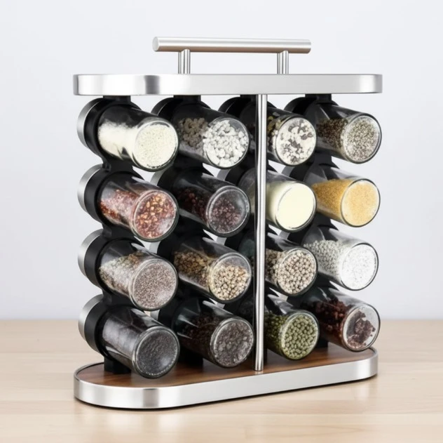 Vertical Spice Jar Organizer Stand with 16 Glass Jars , Stainless Steel & Wood Design Spices Rack