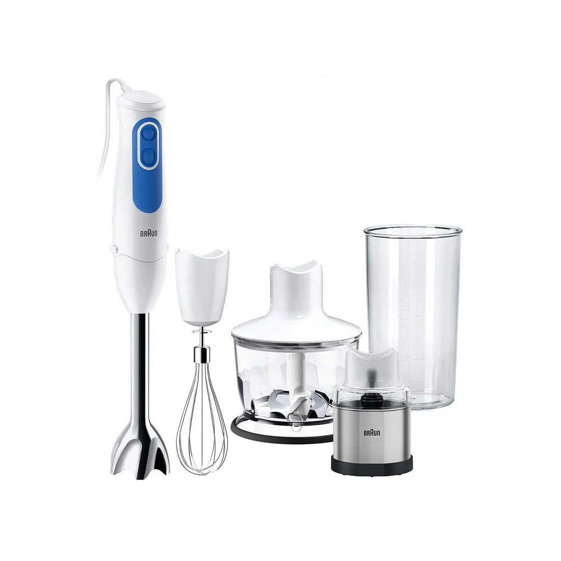 White Hand Blender with Chopper, Whisk, Grinder, 700W - Braun