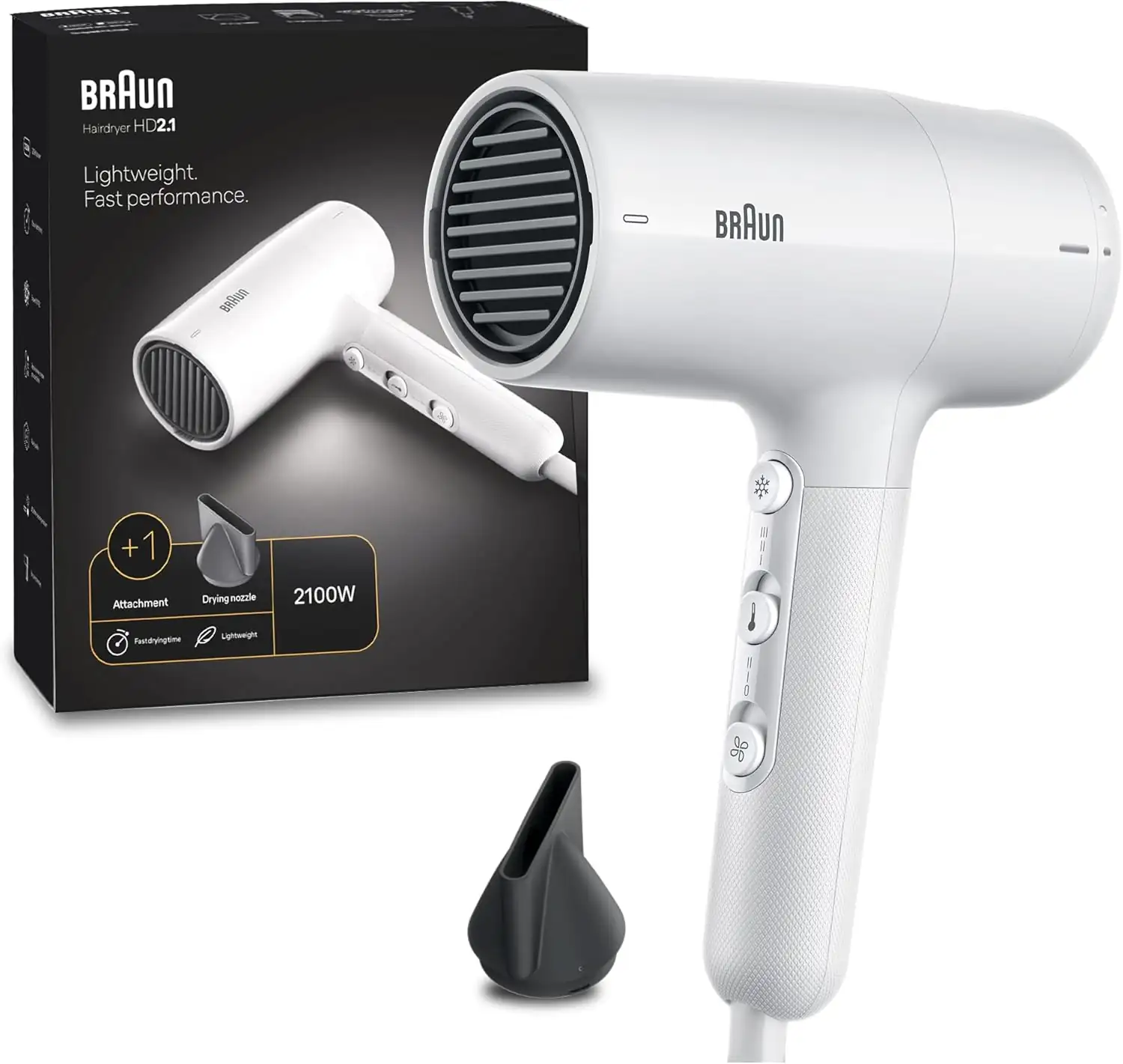 Ion White Lightweight Hair Dryer 2100W with 3 Heat Settings, braun
