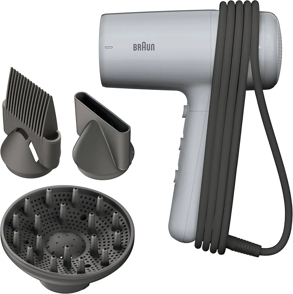 Ion Grey Lightweight Hair Dryer with Diffuser and Attachments, Braun