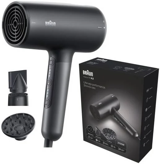 Black Hair Dryer with Diffuser, 2100W, 3 Heat Modes, Braun
