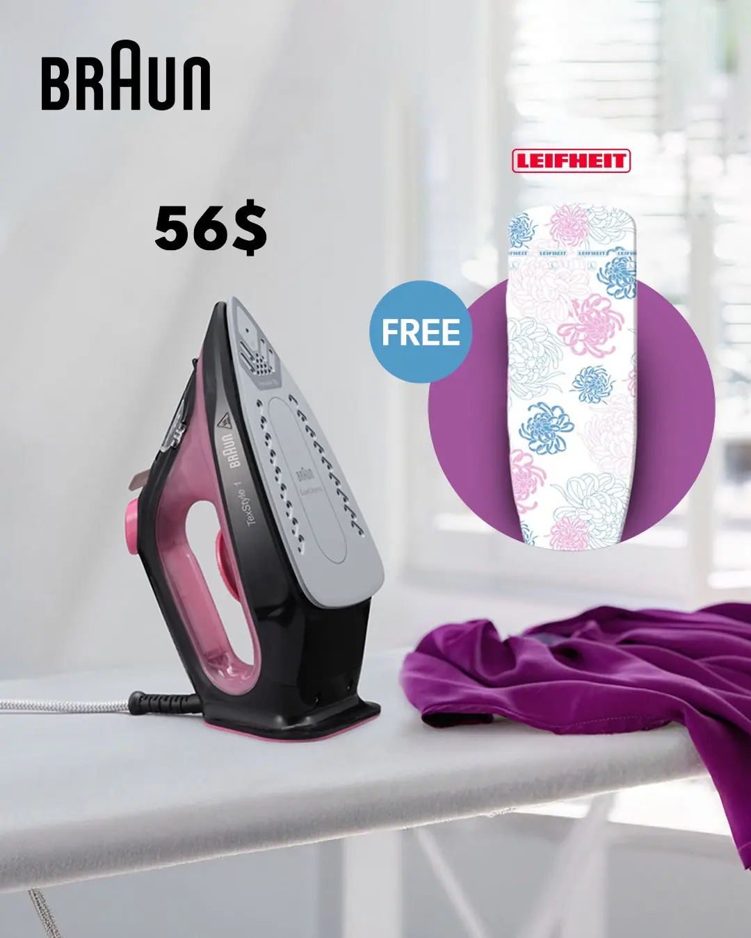 Steam Iron SI1070 Purple with Free Leifheit Ironing Board Cover, braun