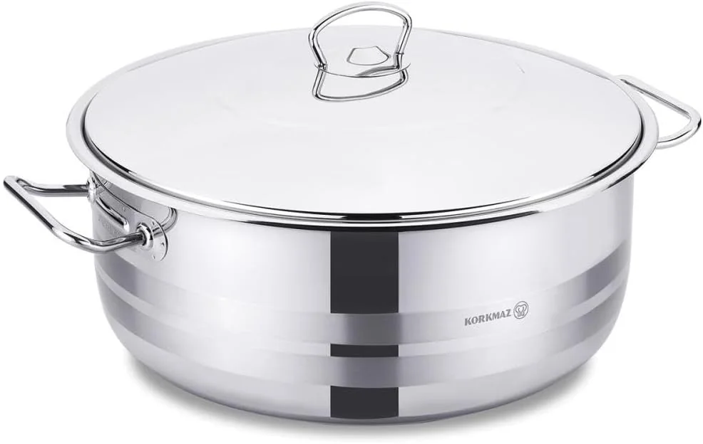 Mega Low Casserole 45L stainless steel with lid, 50x23cm, Korkmaz