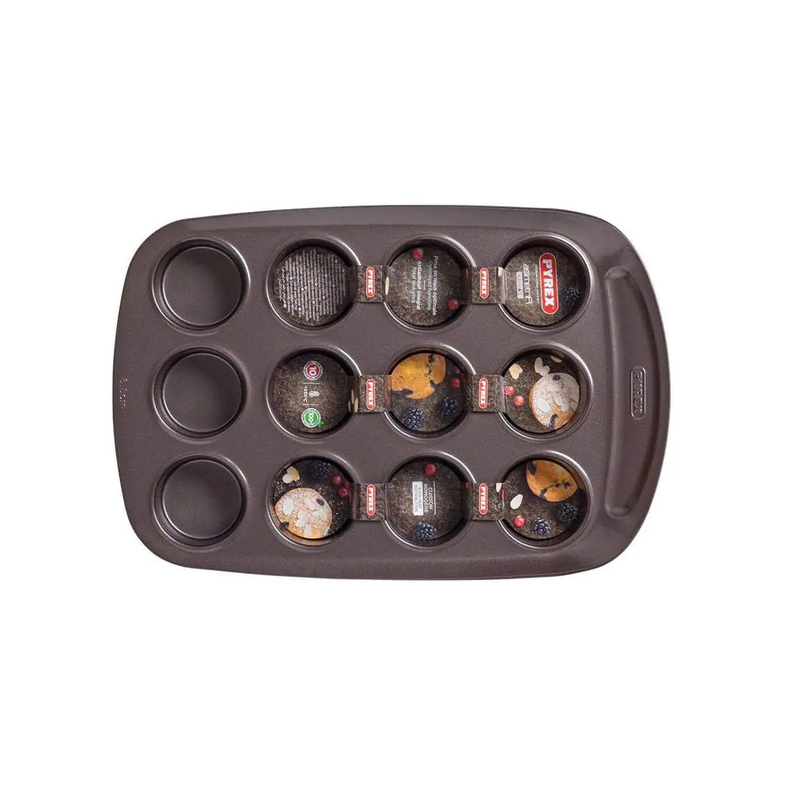 12-Cup Non-Stick Muffin Pan with Ergonomic Handle, pyrex