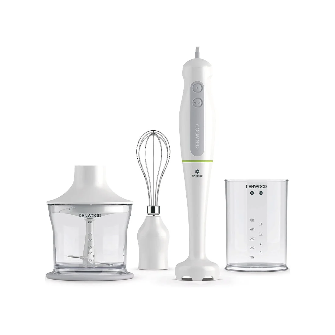Triblade hand blender with chopper, beaker, and whisk, 600W, stainless steel blades, Kenwood