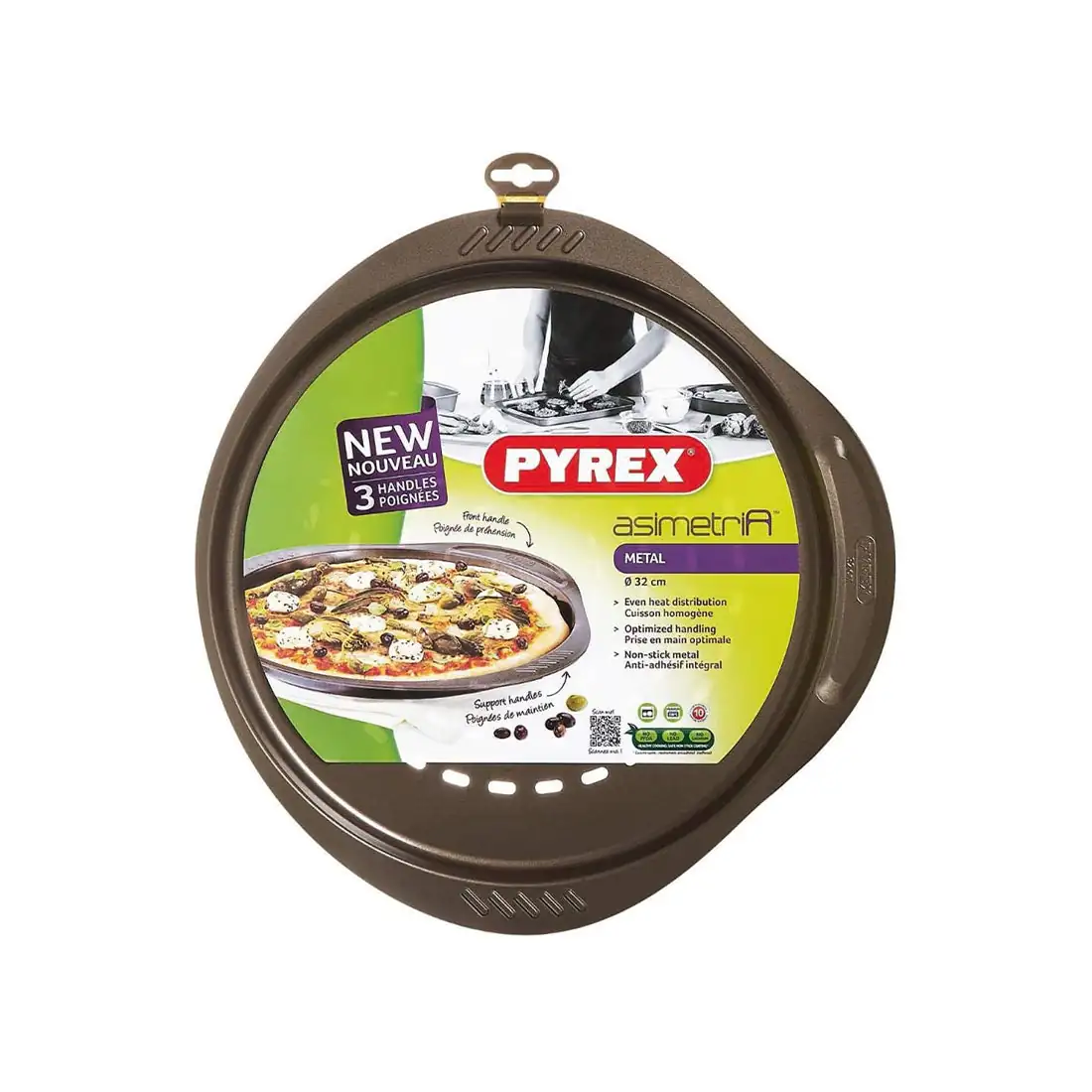 Pizza Pan 32 cm Non-Stick Carbon Steel with Ergonomic Handle, pyrex