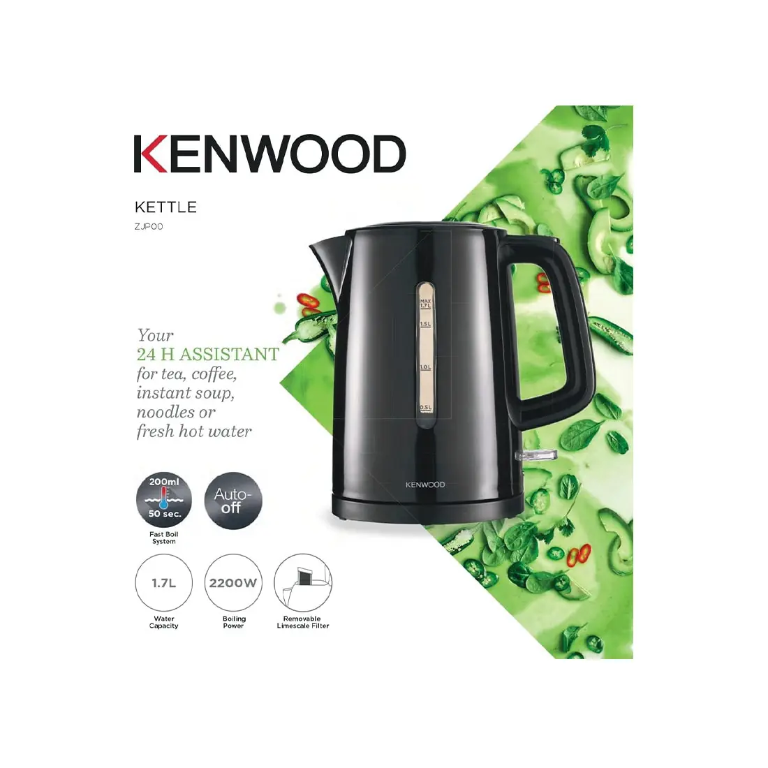 Electric kettle 1.7L, 2200W fast boil with auto shut-off, Kenwood