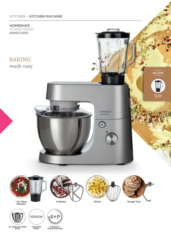 HomeBake stand mixer with blender, 5L bowl, 1000W, silver - Kenwood