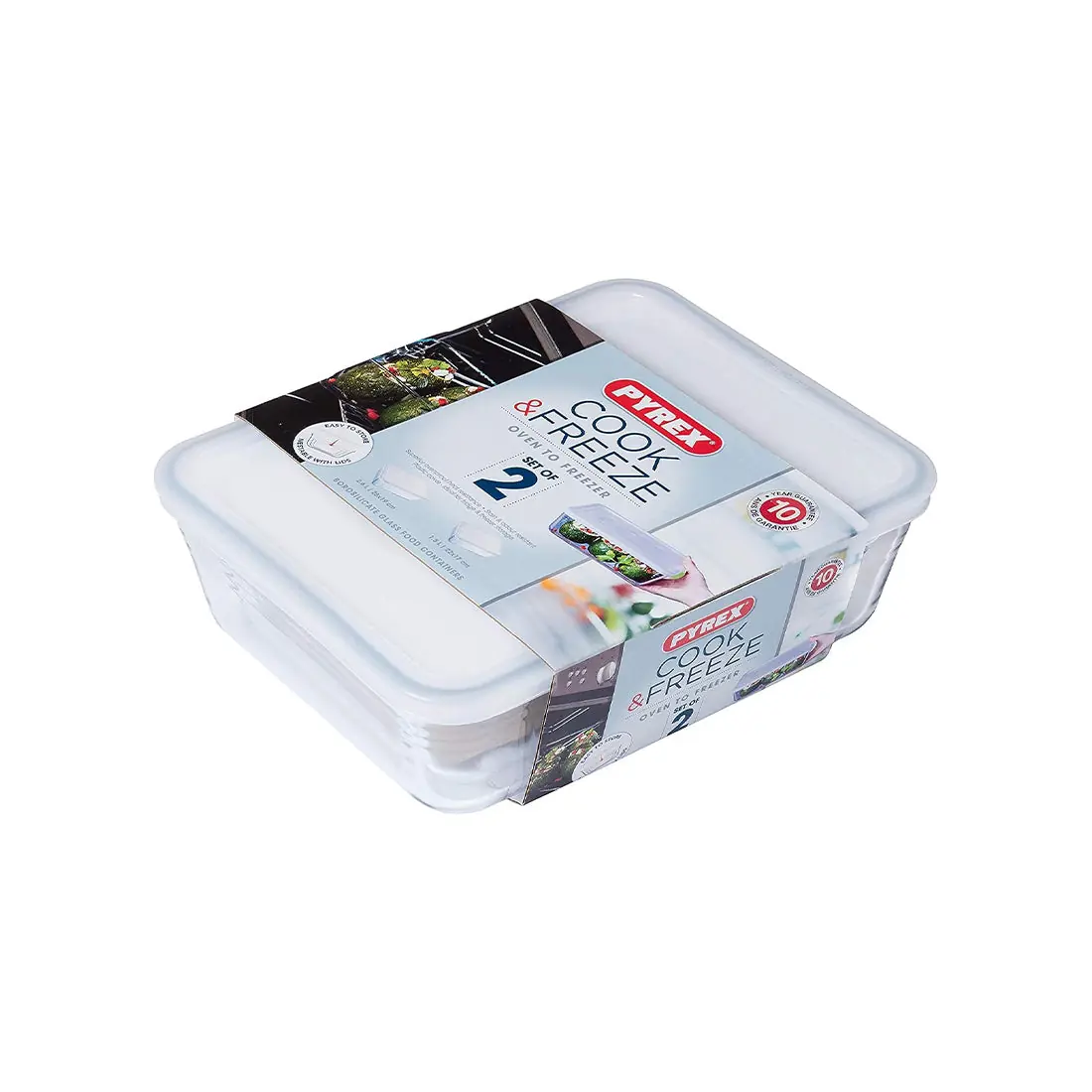 Set of 2 Rectangular Glass Cook & Freeze Dishes with Lids, 1.5L & 2.6L, made in France by Pyrex