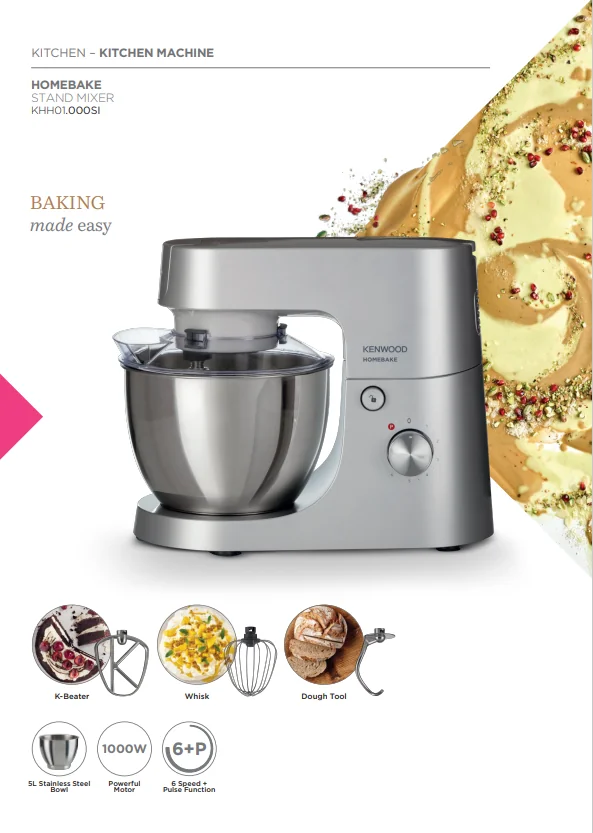 HomeBake stand mixer with 5L bowl, 1000W motor, 6 speeds, silver by Kenwood
