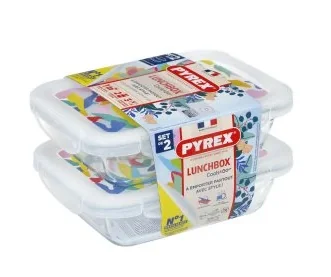Set of 2 rectangular glass storage dishes with leakproof lids, 0.8L each, butterfly design, by Pyrex