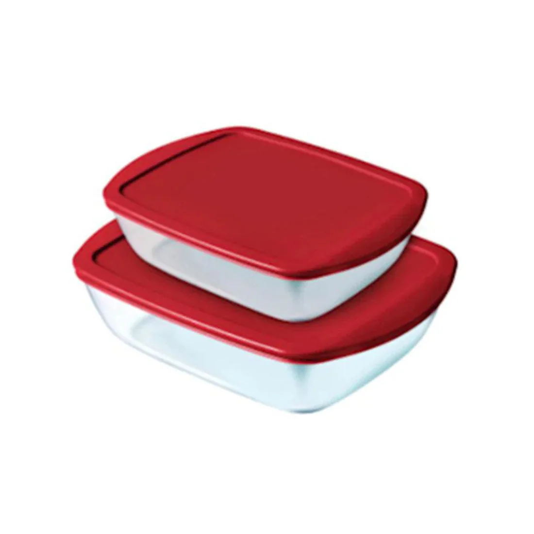 Set of 2 Rectangular Glass Dishes with Red Lids, 1.1L & 2.5L, Pyrex