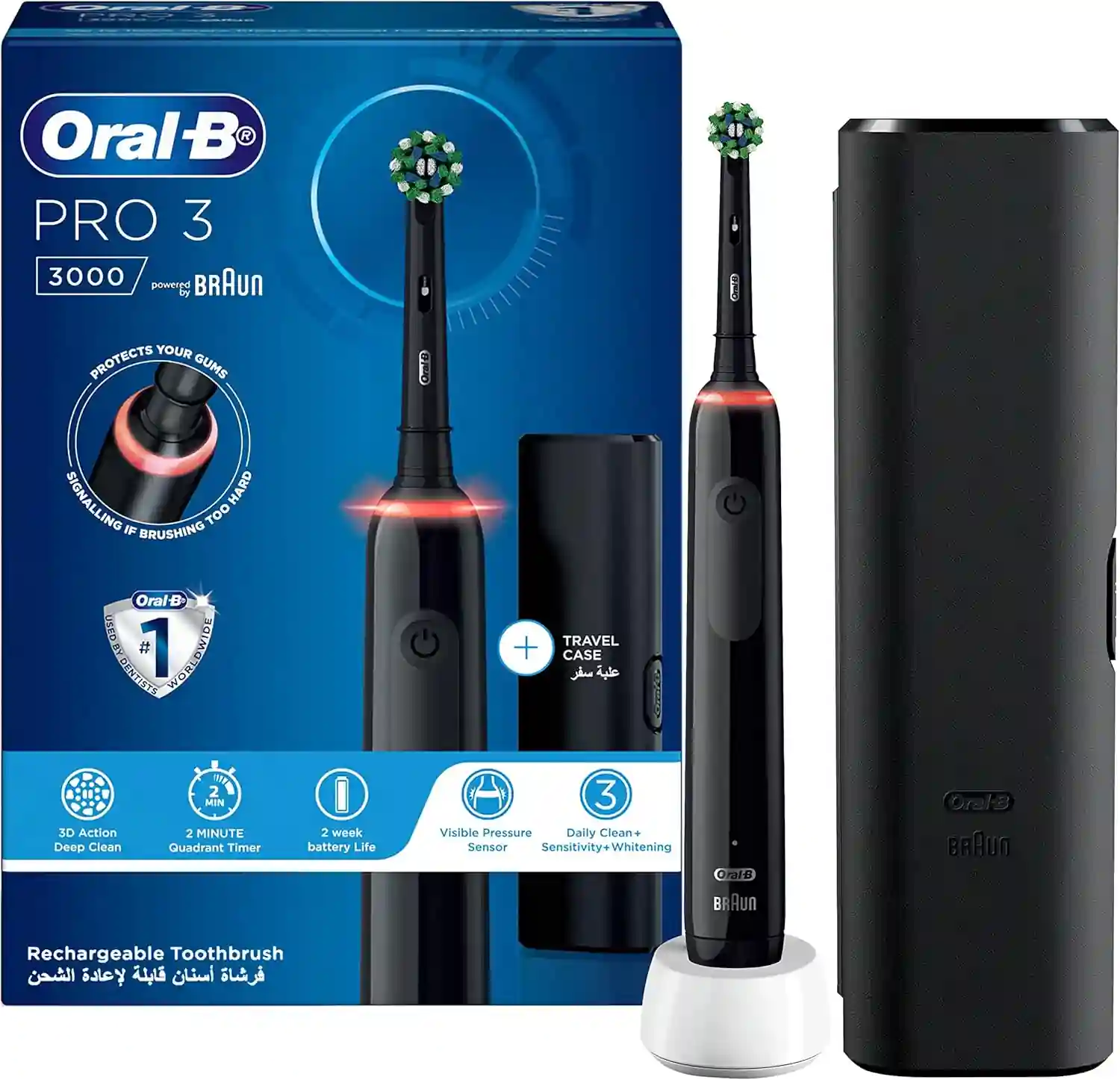 Pro 3000 Black Rechargeable Electric Toothbrush with Pressure Sensor by Oral-B