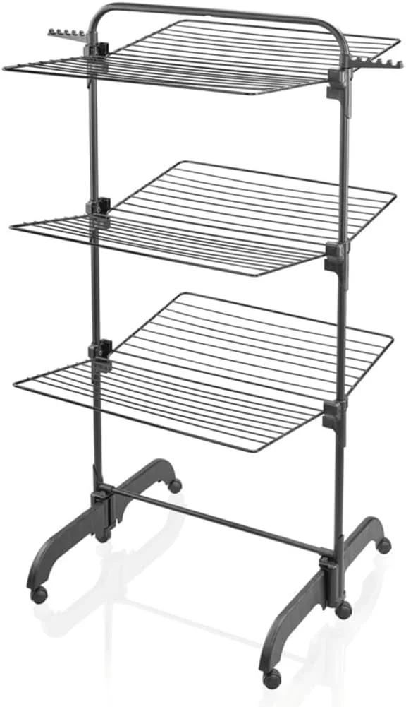 Tower clothes drying rack with 3 tiers, folding shelves, 27m space, black, leifheit