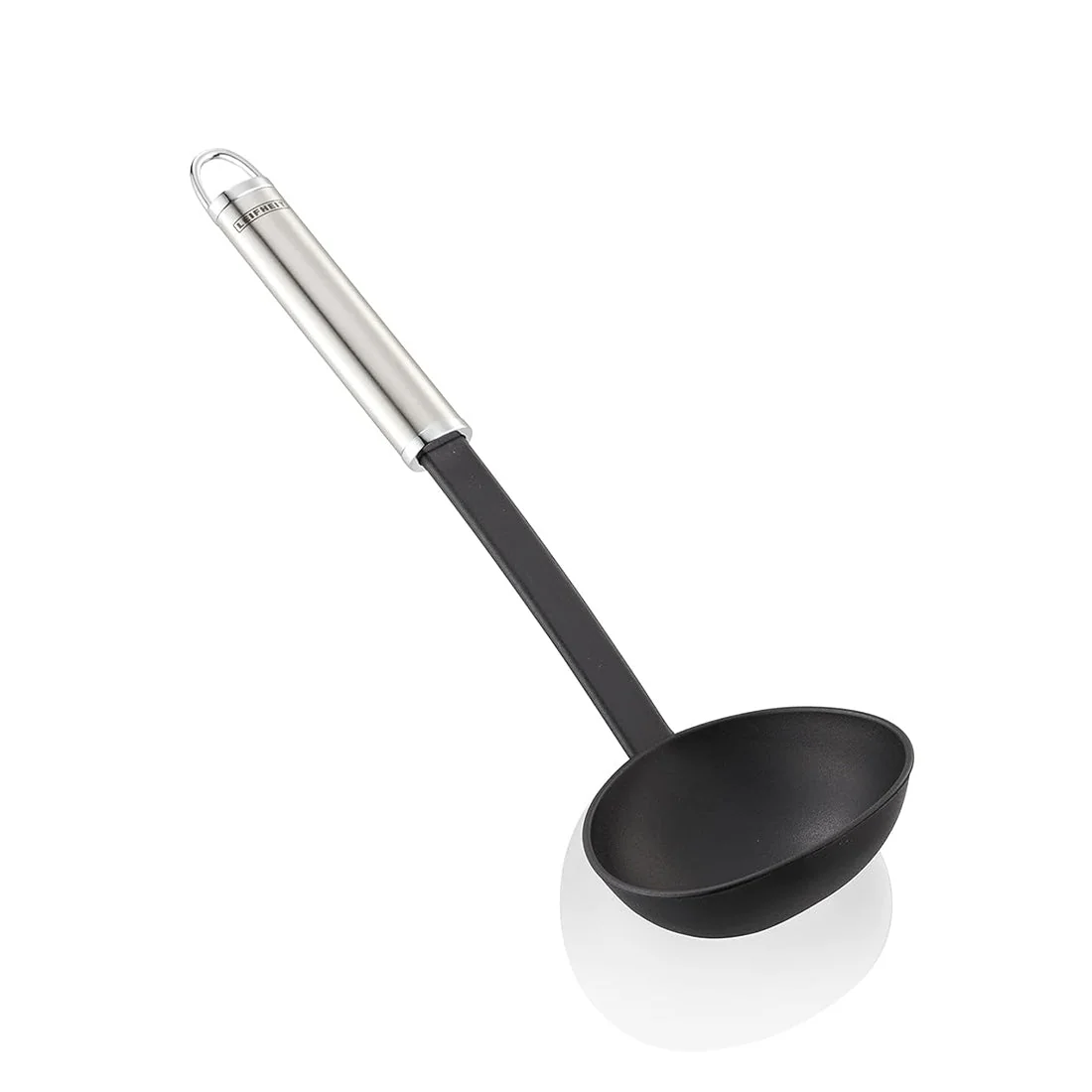 Large nylon ladle with stainless steel handle, heat-resistant, oval grip