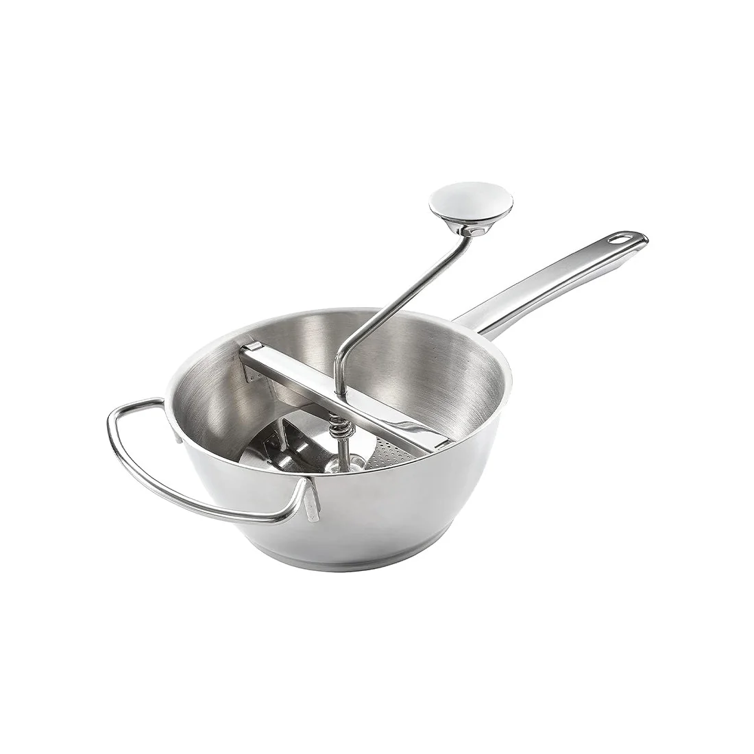 Stainless steel food mill with 3 disks, ergonomic handle, non-slip