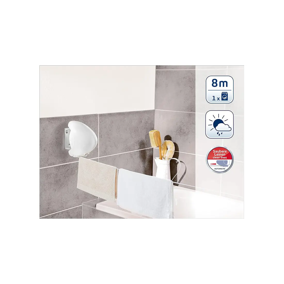 Wall Dryer Rollfix 80 Single Longline, 8m Retractable Clothesline, indoor/outdoor use, leifheit