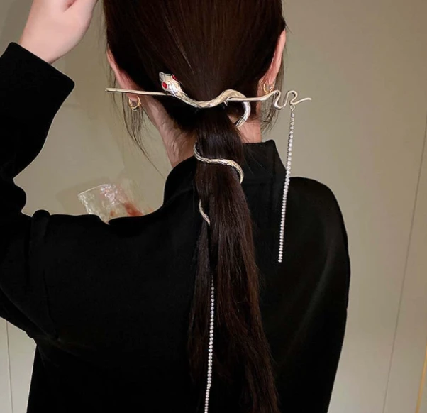 Silver Snake Hair Stick with Tassel â€“ Vintage Metal Hairpin for Women