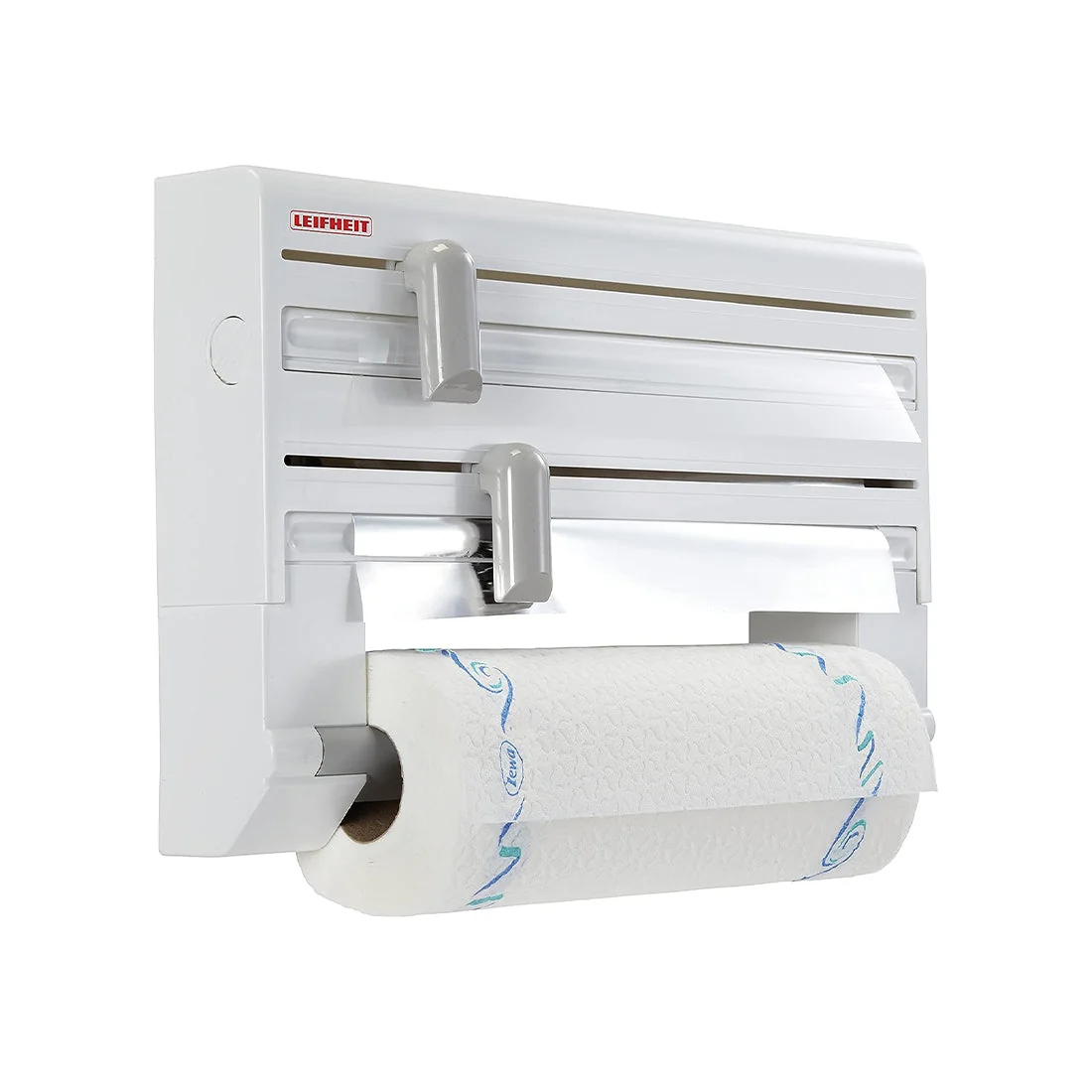 Wall-mounted roll holder for 3 rolls, 37cm, precise cutting, leifheit
