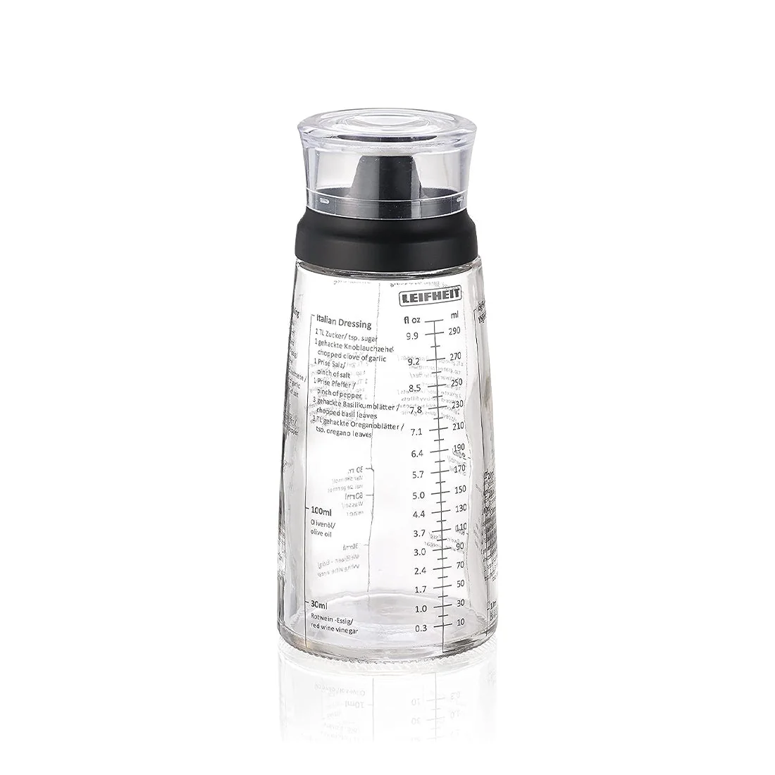 Salad Dressing Shaker with 5 Recipe Markings, 300ml Glass Bottle