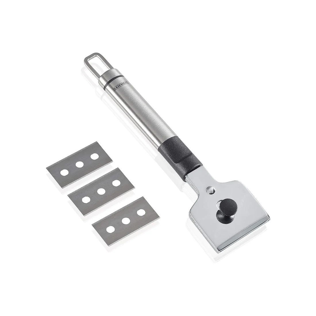 Hob scraper with spare blades and safety cover, easy blade change, by Leifheit