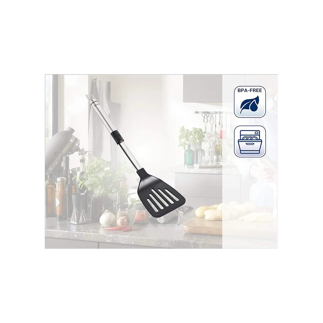 Stainless Steel and Black Plastic Spatula, Oval-Shaped, Leifheit