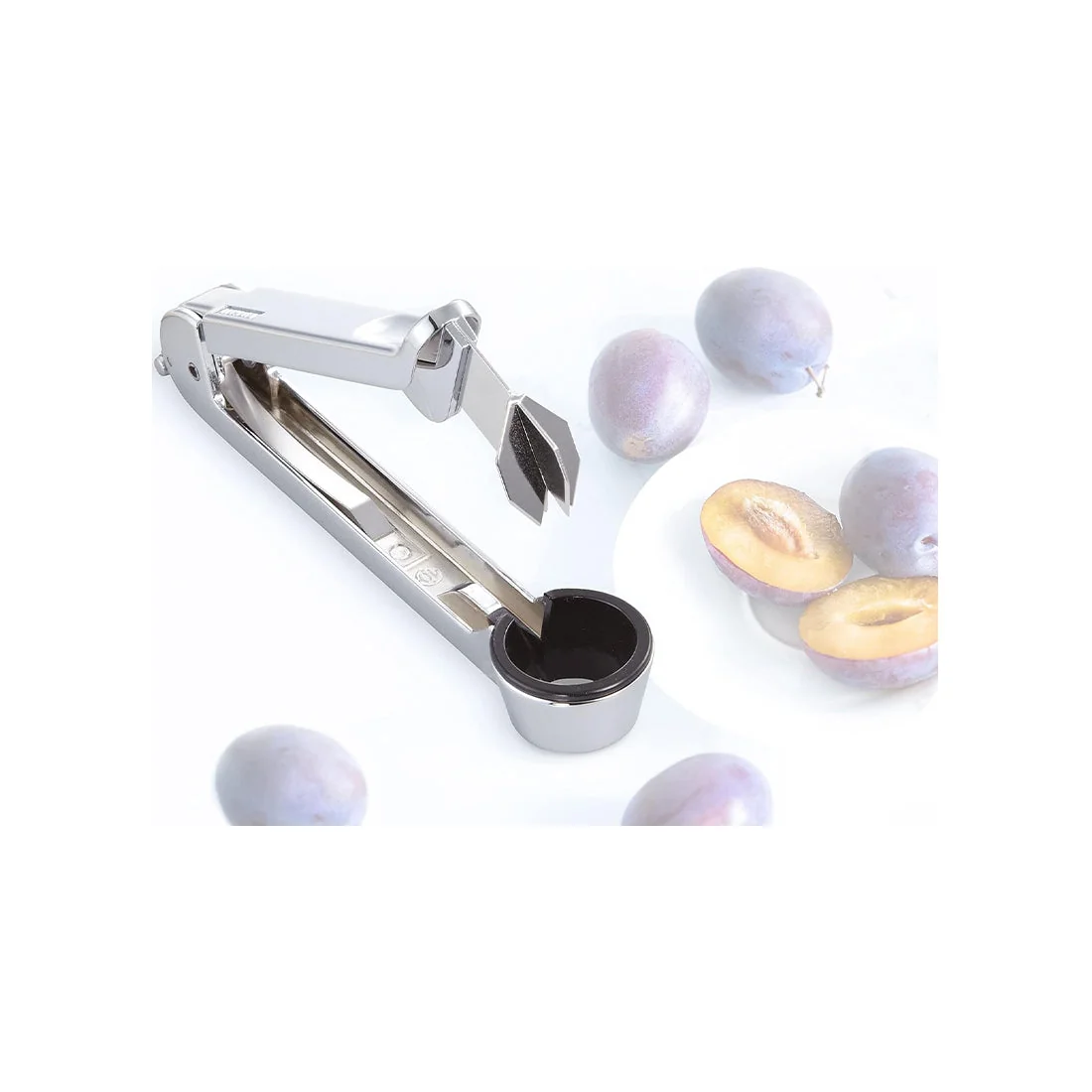 Plum pitter with divider, zinc die cast, easy lever action, 8.46"