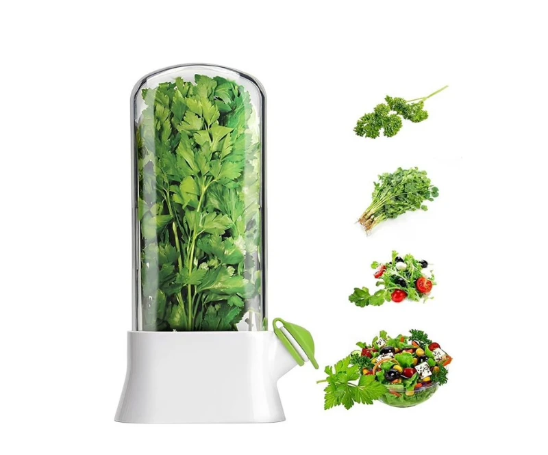 Fresh Herb Keeper for Refrigerator â€“ Space-Saving Herb Storage Container with Water System for Cilantro, Parsley, Coriander, Mint & Greens