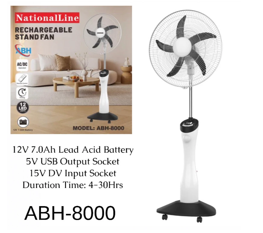 NationalLine 2025 Rechargeable Stand Fan 16â€ â€“ AC/DC with Remote Control, LED Lights & Long Battery Life (Model ABH-8000)