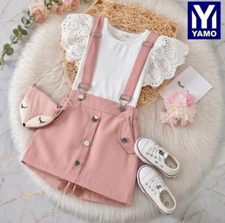 Baby Girl 2-Piece Outfit Set â€“ Lace Sleeve Top & Suspender Skirt (Pink & Brown)