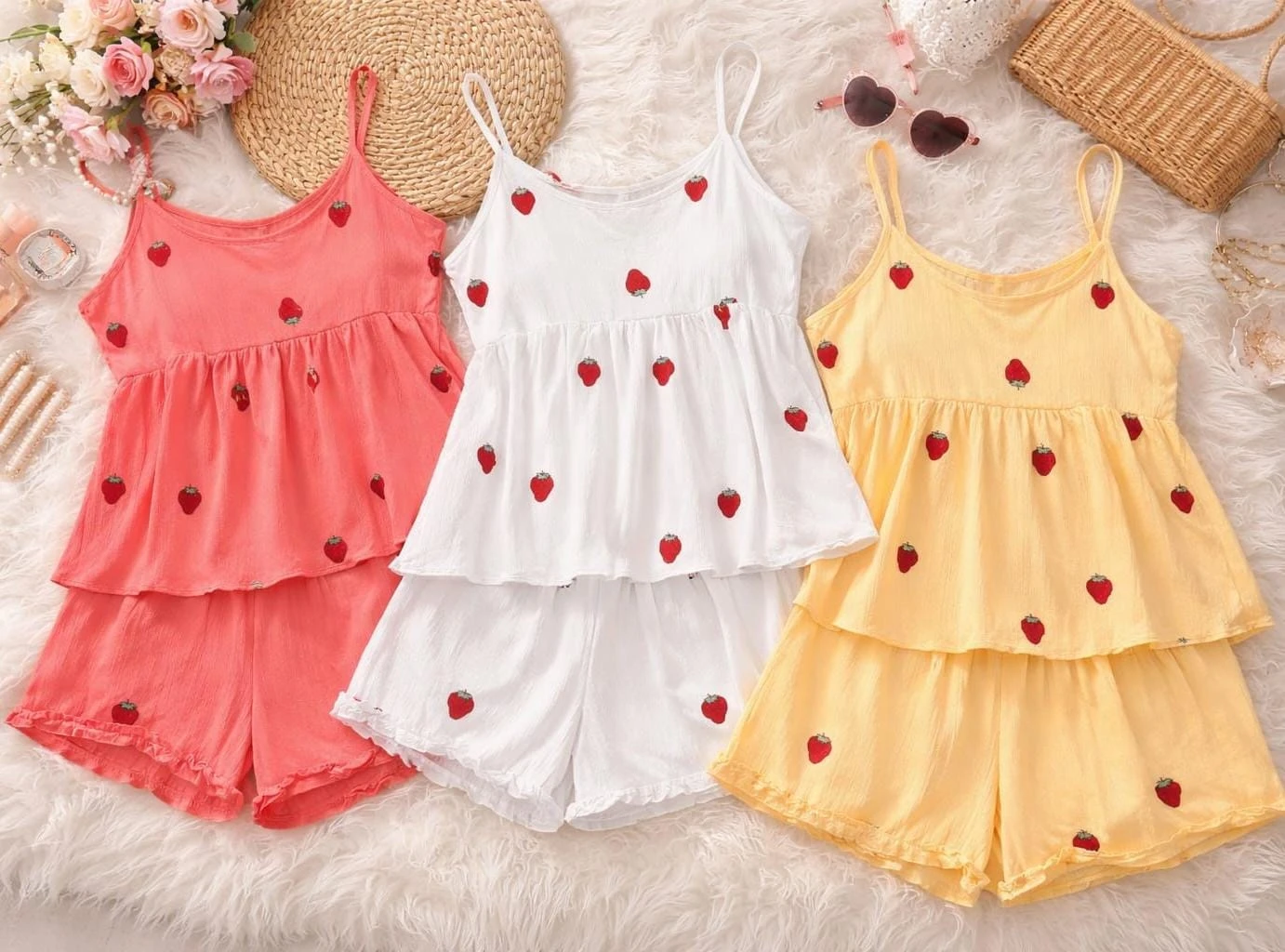 Womenâ€™s Summer Strawberry Pajama Set â€“ 2 Pieces Top and Short â€“ One Size