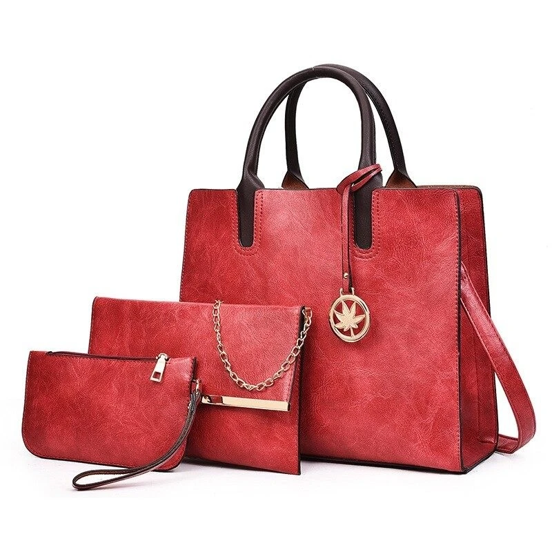 Fashionable leather handbag - crossbody - small clutch bag - hemp logo - 3 pieces set