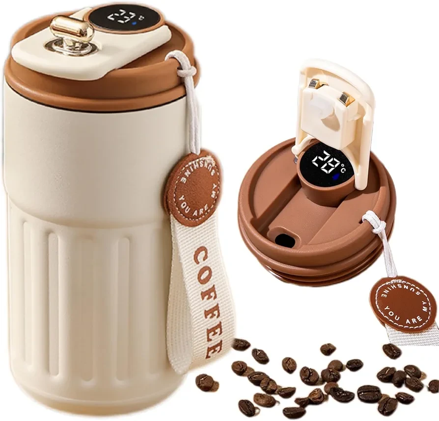 Stainless Steel Insulated Cup, 460ml Brown Coffee Thermal Mug, Thermal Mug with Temperature Indicator for Hot Water, Coffee, Tea and Cold Drinks for Home Travel Office