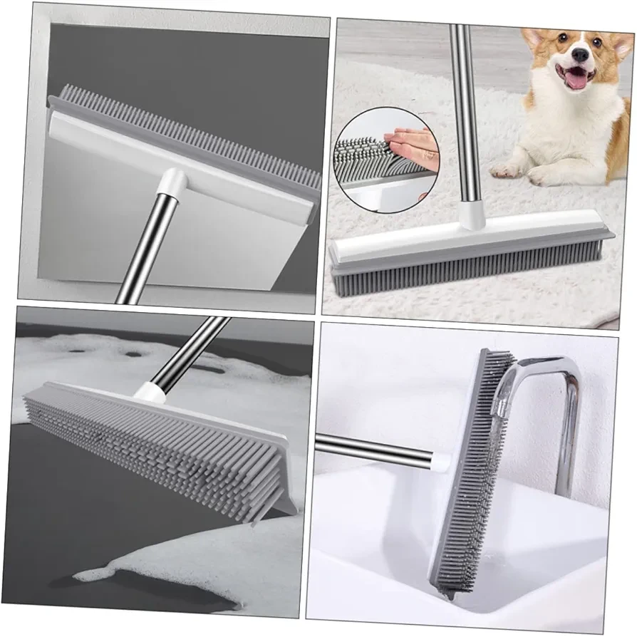 Floor Cleaning Brush Long Handle and Rubber Bristles, Pet Fur Remover Carpet Brush for Household Use, Dual-Purpose Floor and Carpet Cleaner