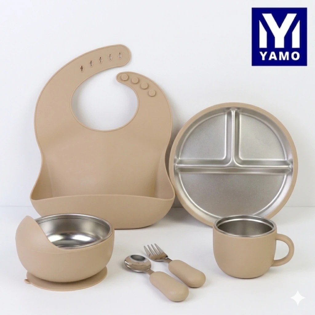 Silicone Baby Feeding Set with Removable SUS304 Stainless Steel Inserts | BPA-Free | Suction Bowl, Divided Plate, Bib, Cup & Cutlery Set for 6M+ | Tablewear Feeding Set For Babies and Toddlers