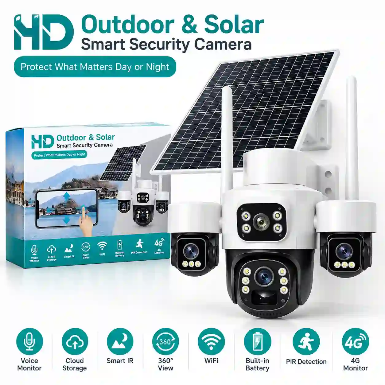 Outdoor Solar Smart Security Camera – 360° View, WiFi/4G & PIR Detection