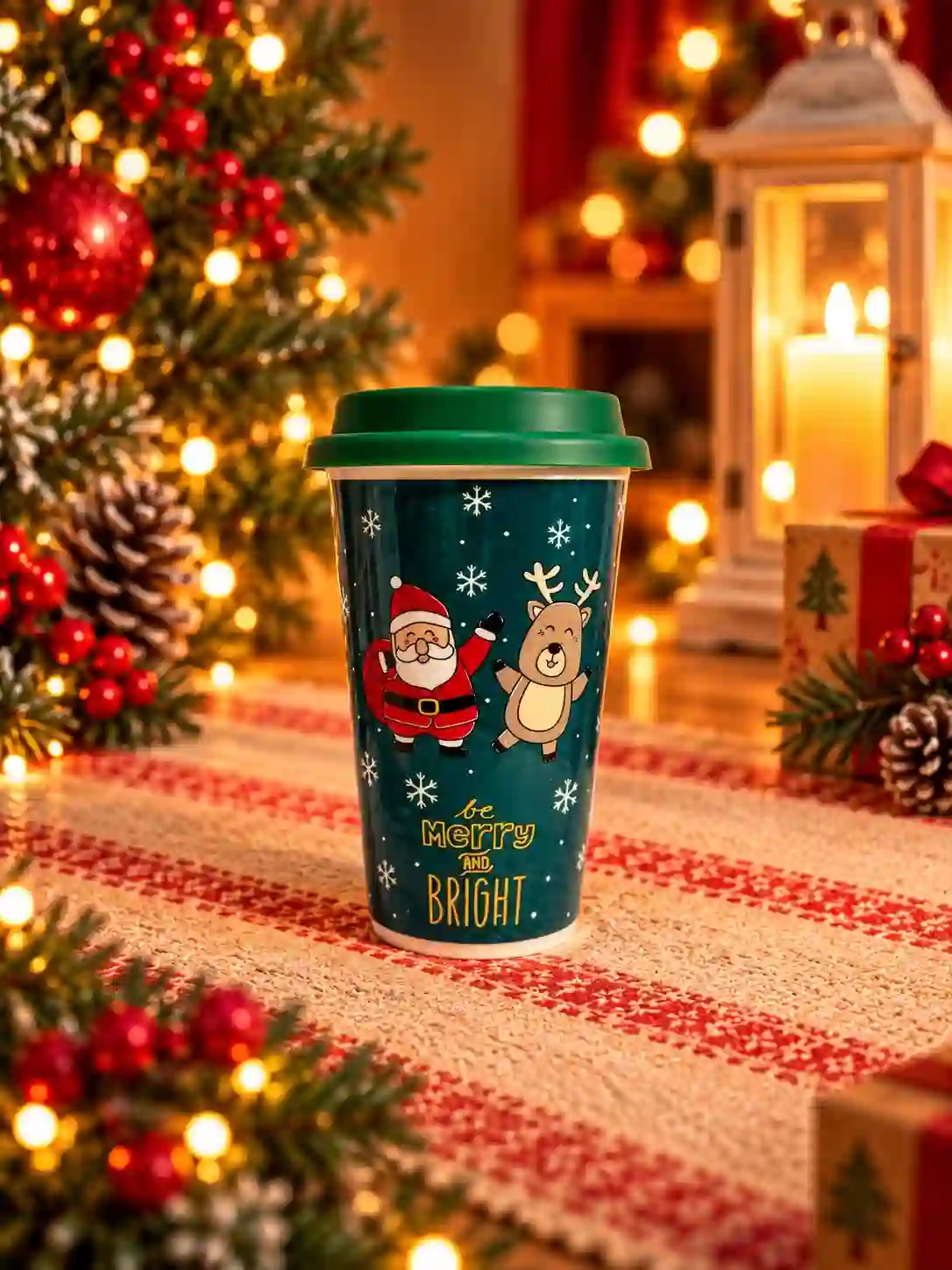 Christmas Cup with Lid – Santa & Reindeer Design